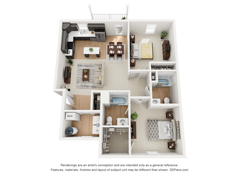 Floor plan for 2 beds, 2 baths, 1104 sqft